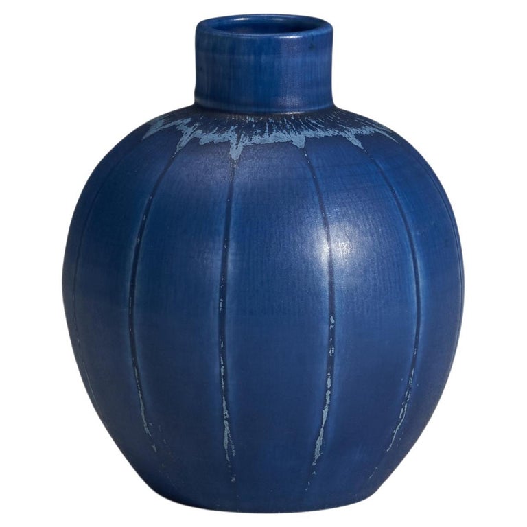 Eva Jancke Björk, Vase, Blue Glazed Earthenware, Bo Fajans, Sweden, 1940s For Sale