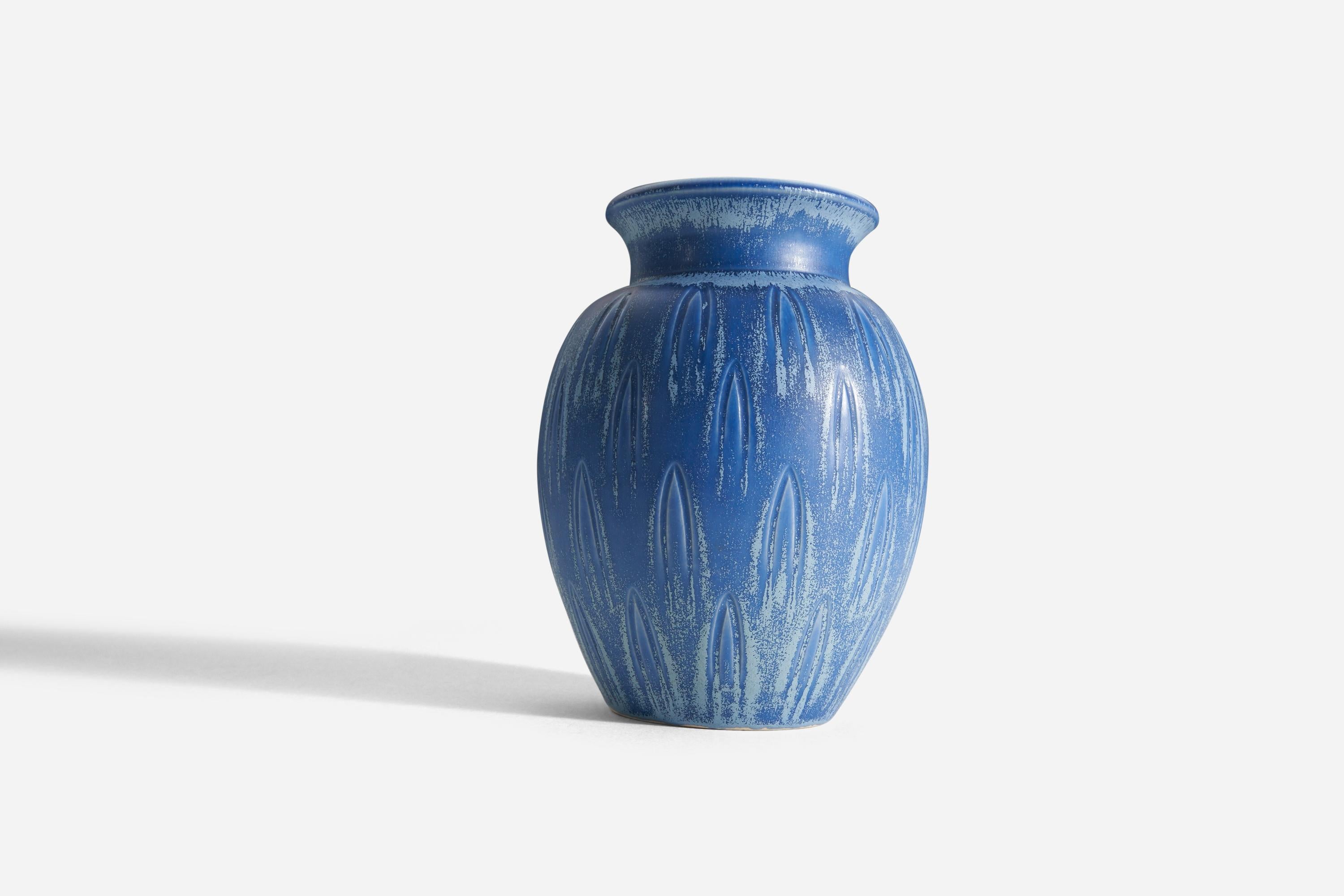 Art Deco Eva Jancke Björk, Vase, Blue-Glazed Earthenware, for Bo Fajans, Sweden, 1940s For Sale