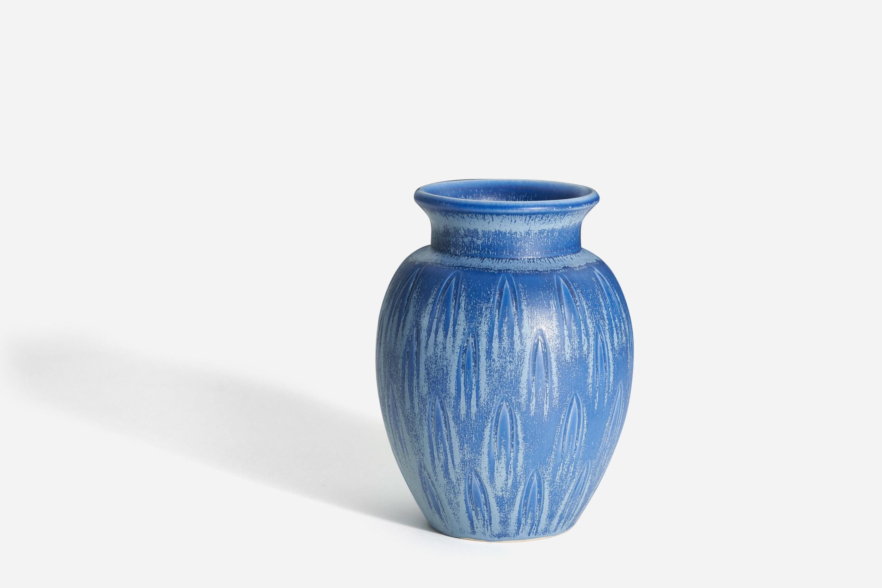 Swedish Eva Jancke Björk, Vase, Blue-Glazed Earthenware, for Bo Fajans, Sweden, 1940s For Sale