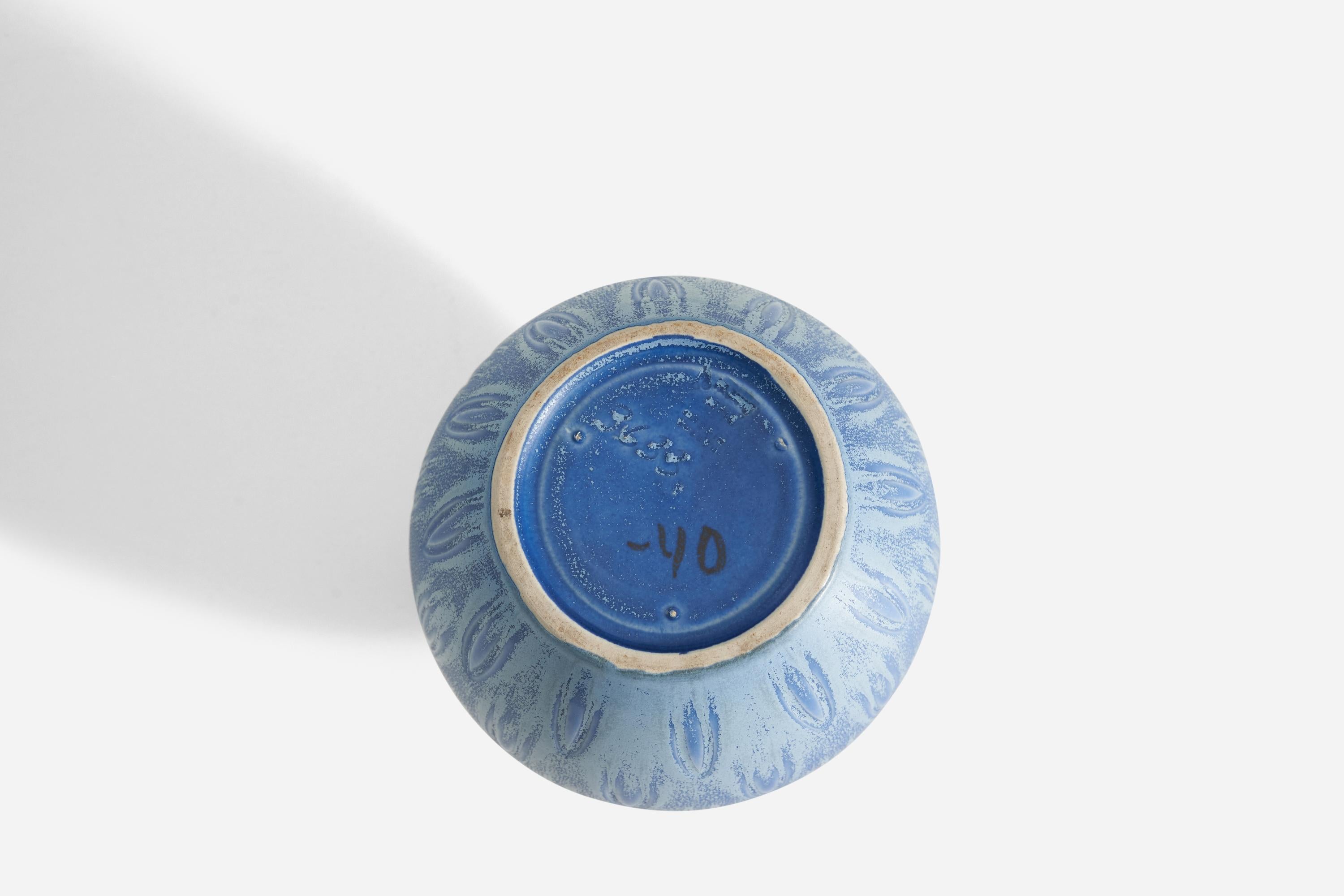Mid-20th Century Eva Jancke Björk, Vase, Blue-Glazed Earthenware, for Bo Fajans, Sweden, 1940s For Sale