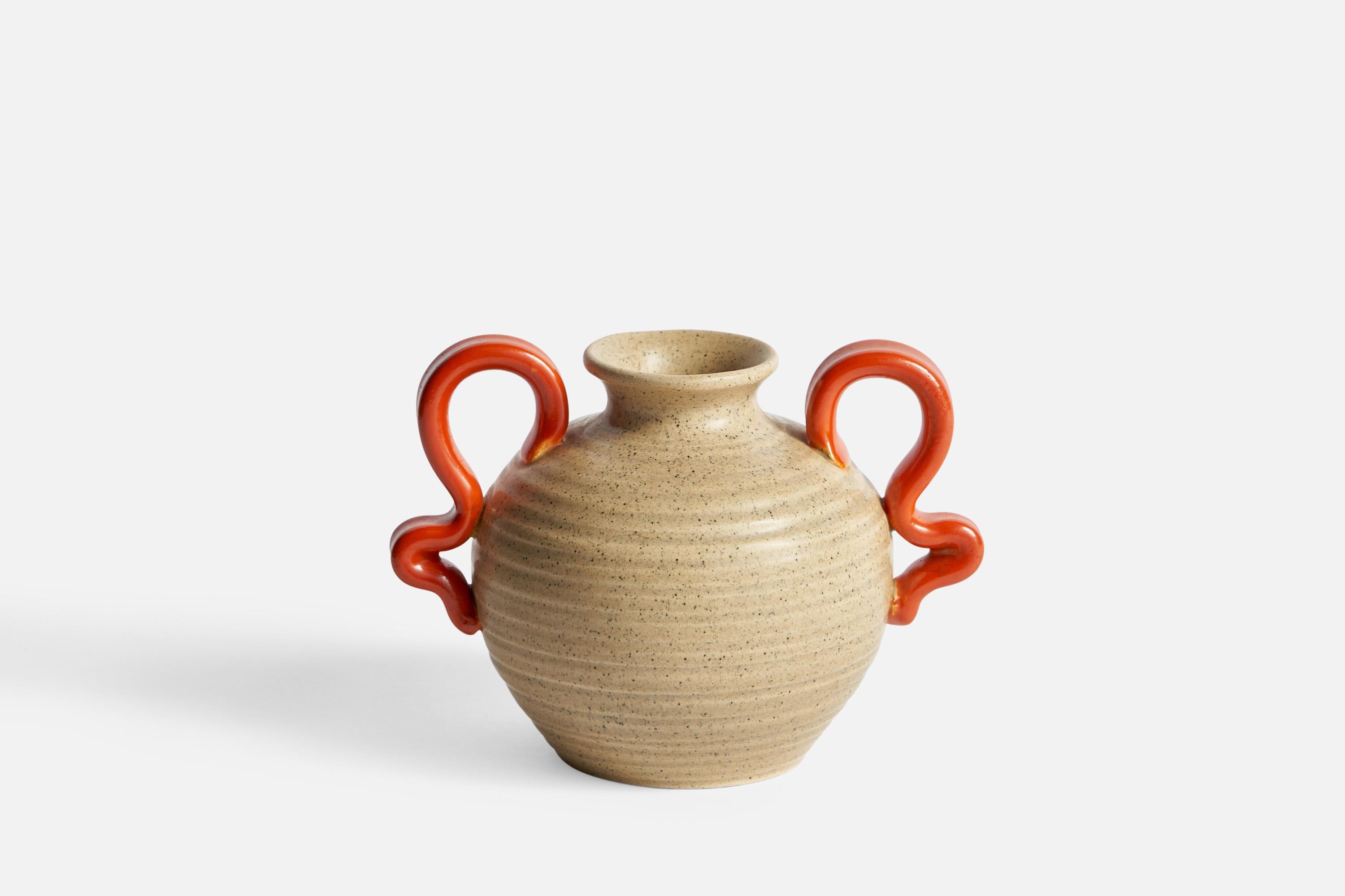 An orange and beige-glazed ceramic vase designed by Eva Jancke-Björk and produced by Bo Fajans, Sweden, 1930s.