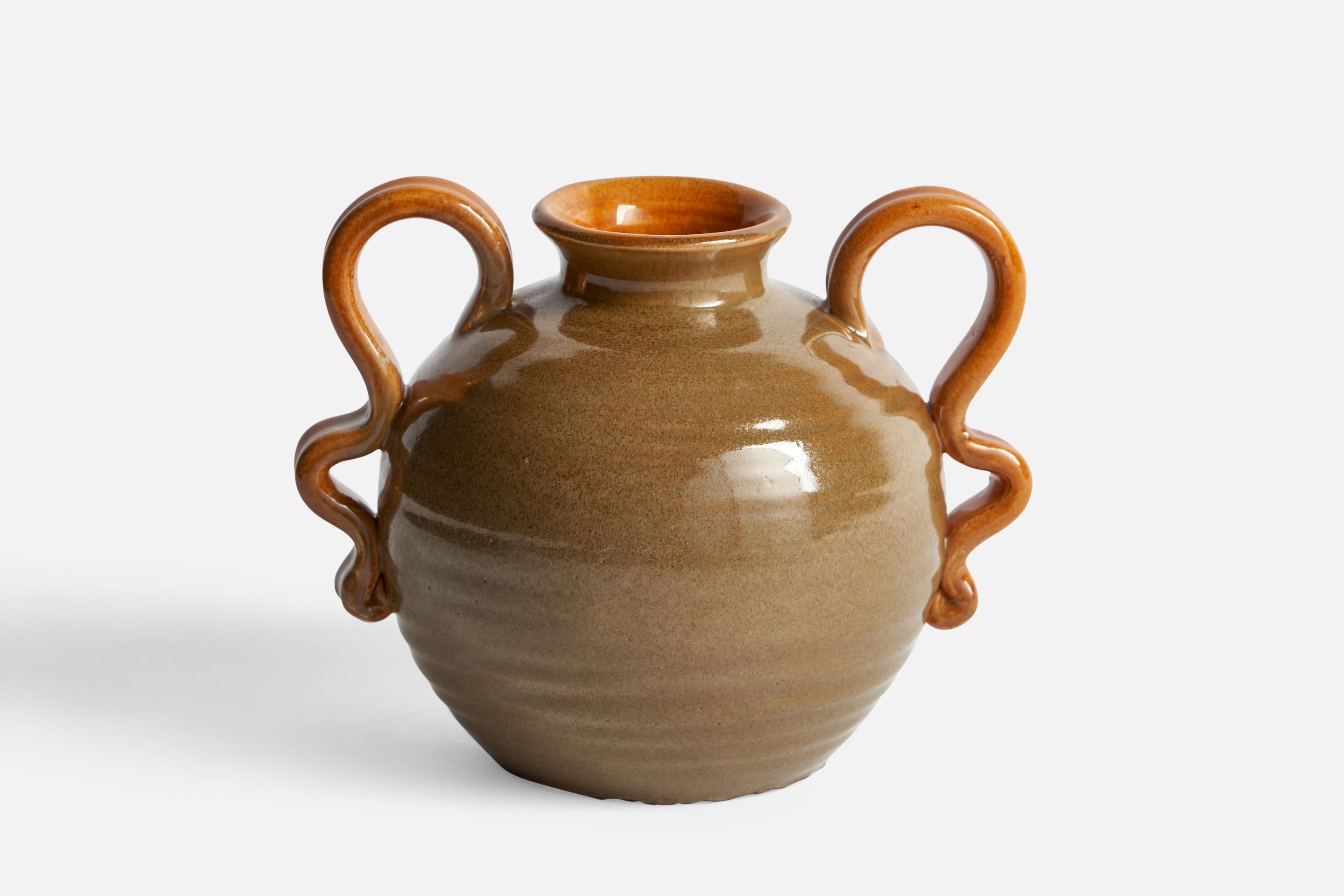 A brown-glazed ceramic vase designed by Eva Jancke-Björk and produced by Bo Fajans, Sweden, c. 1940s.