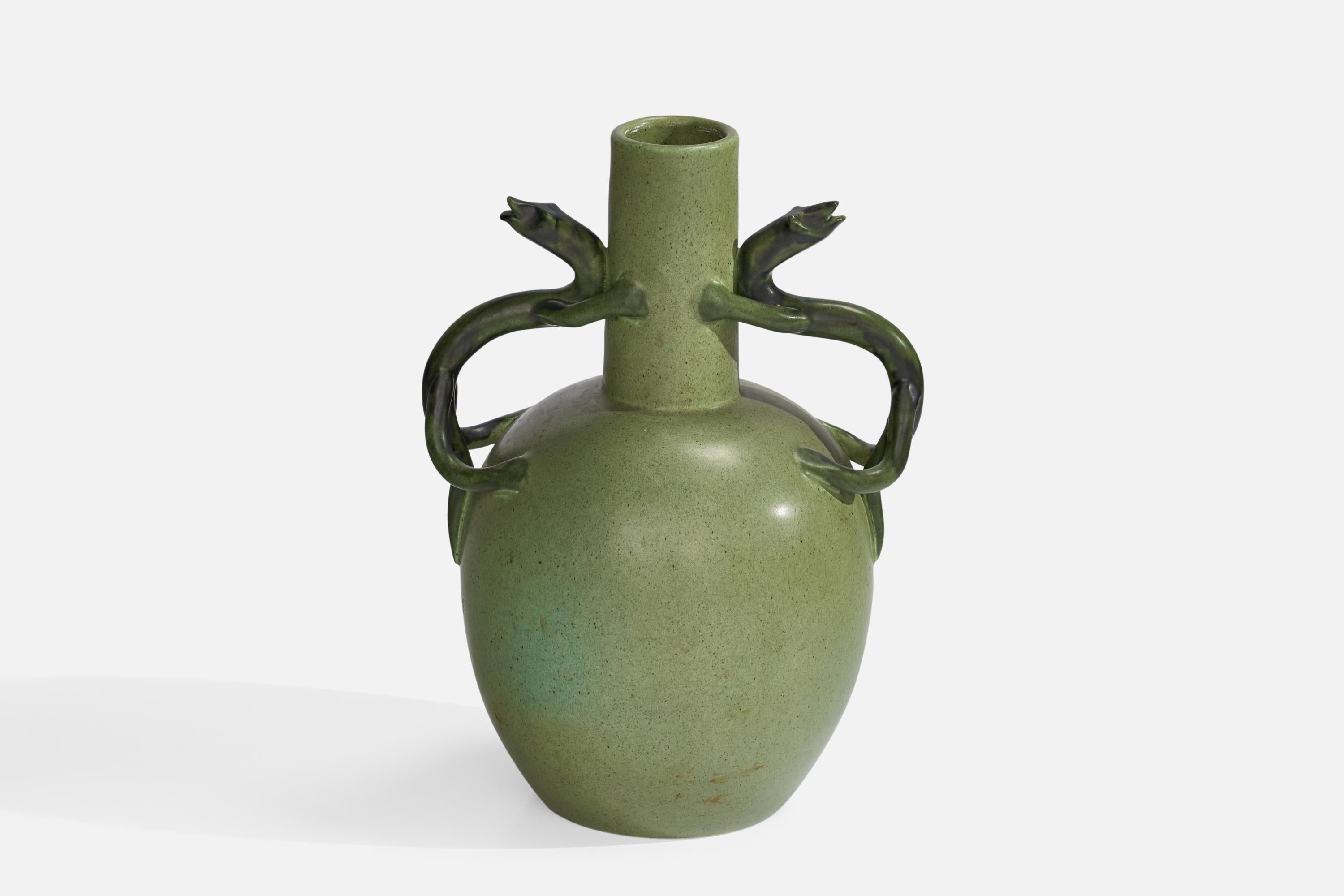 A green-glazed ceramic vase designed by Eva Jancke-Björk and produced by Bo Fajans, Sweden, c. 1940s.