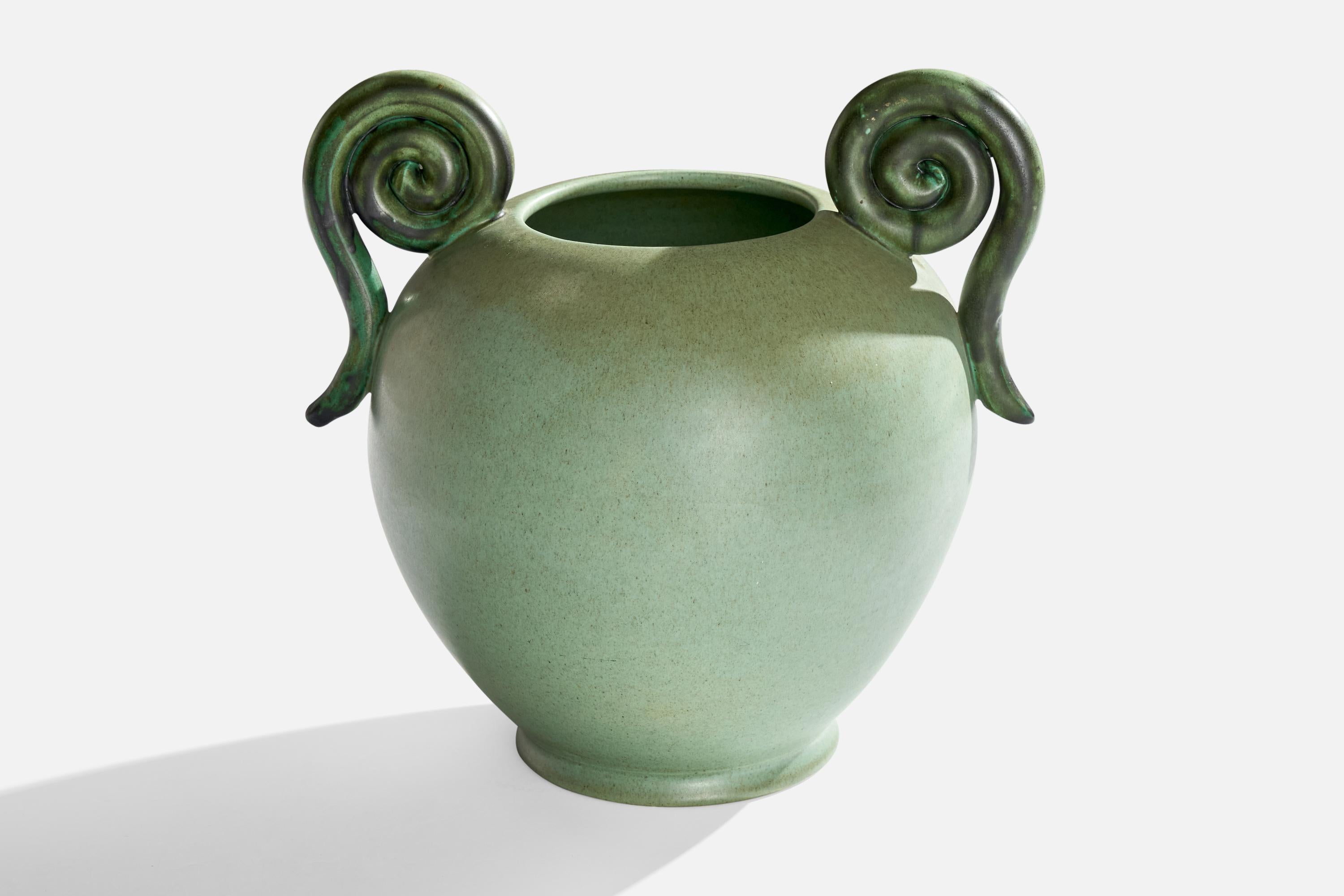 A green-glazed ceramic vase designed by Eva Jancke-Björk and produced by Bo Fajans, Sweden, c. 1940s.