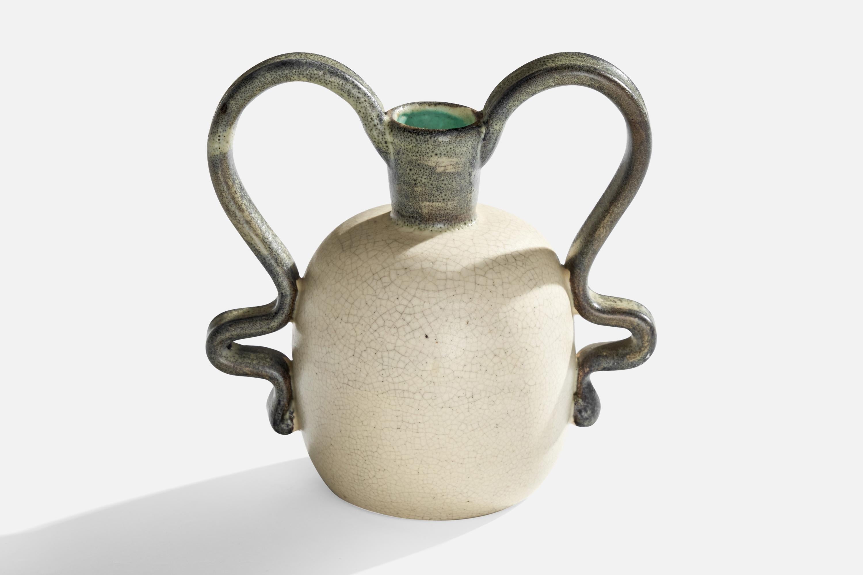 A white and grey-glazed ceramic vase designed by Eva Jancke-Björk and produced by Bo Fajans, Sweden, c. 1940s.