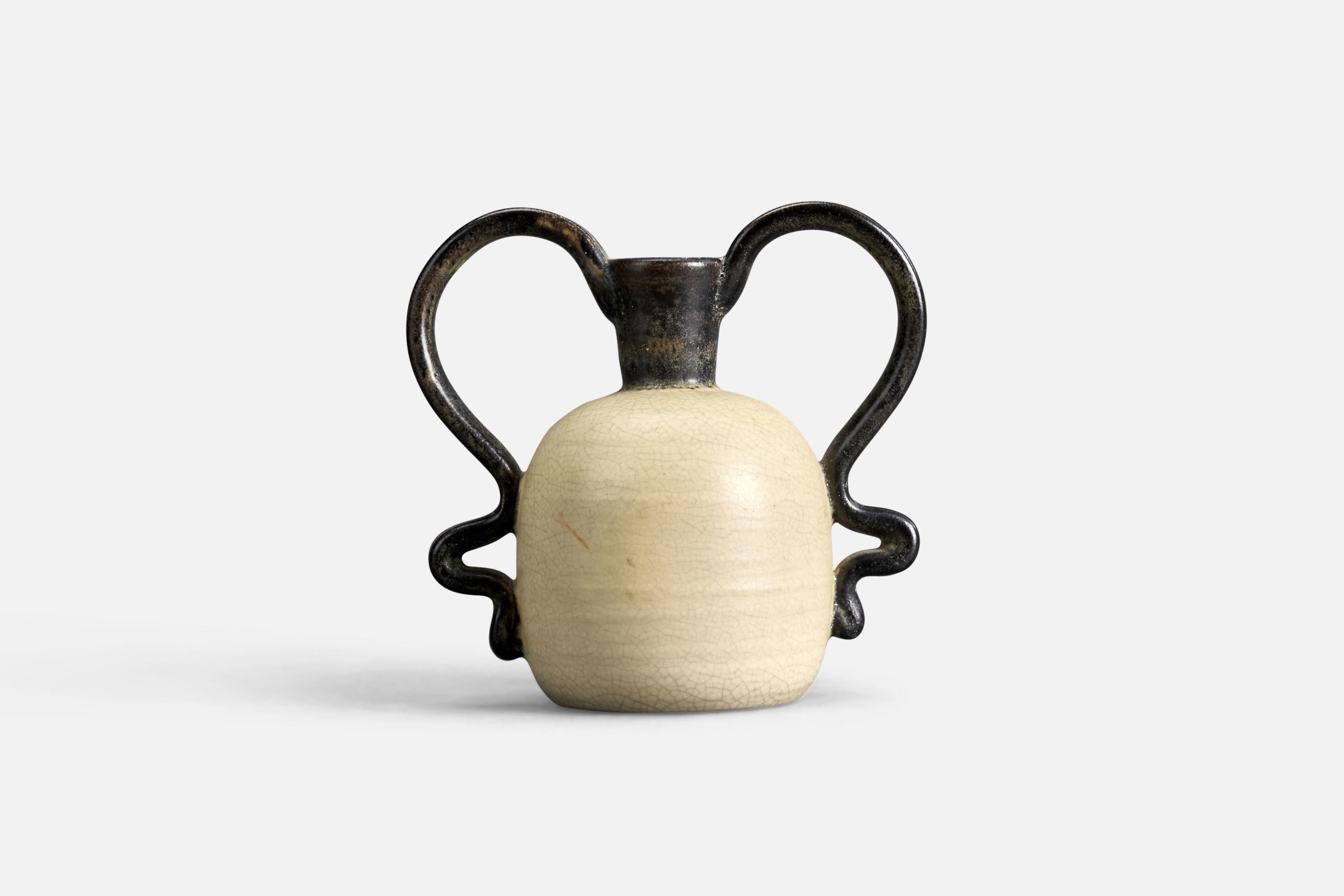 A black and off white-glazed earthenware vase designed by Eva Jancke Björk and produced by Bo Fajans, Sweden, 1940s.