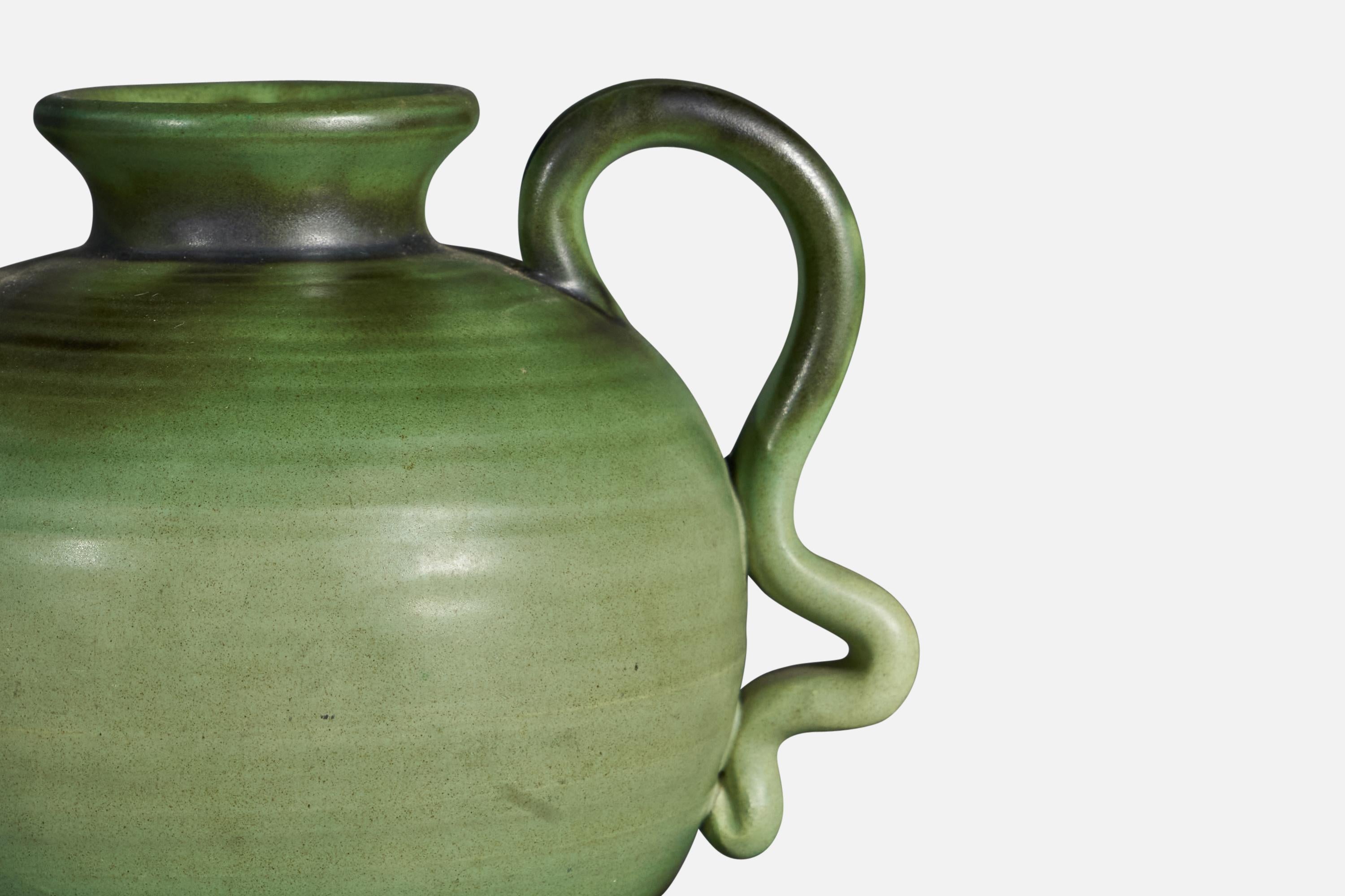 A green-glazed earthenware vase designed by Eva Jancke-Björk and produced by Bo Fajans, Sweden, 1940s