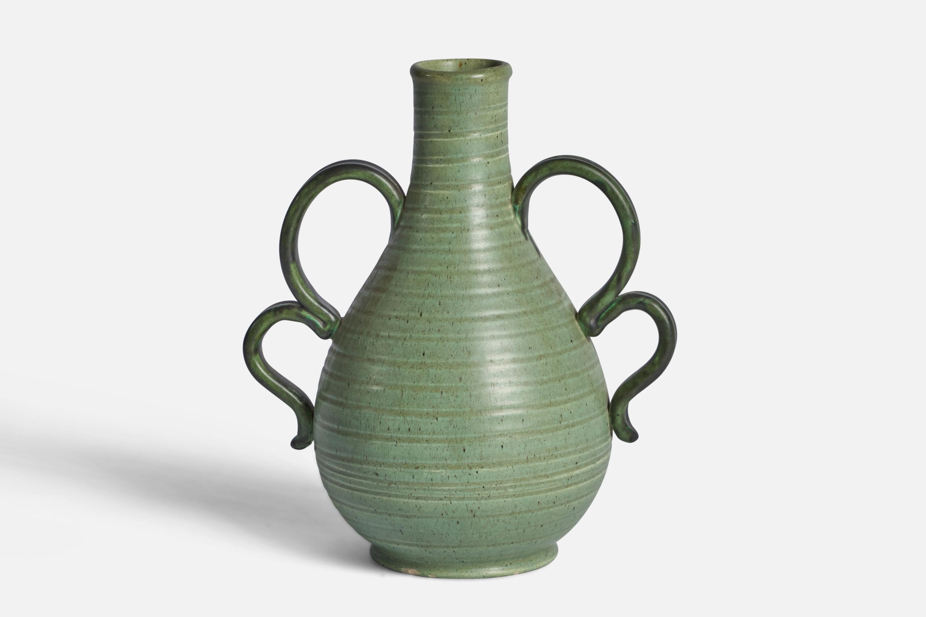 A green-glazed incised earthenware vase designed by Eva-Jancke Björk and produced by Bo Fajans, Sweden, c. 1940s.