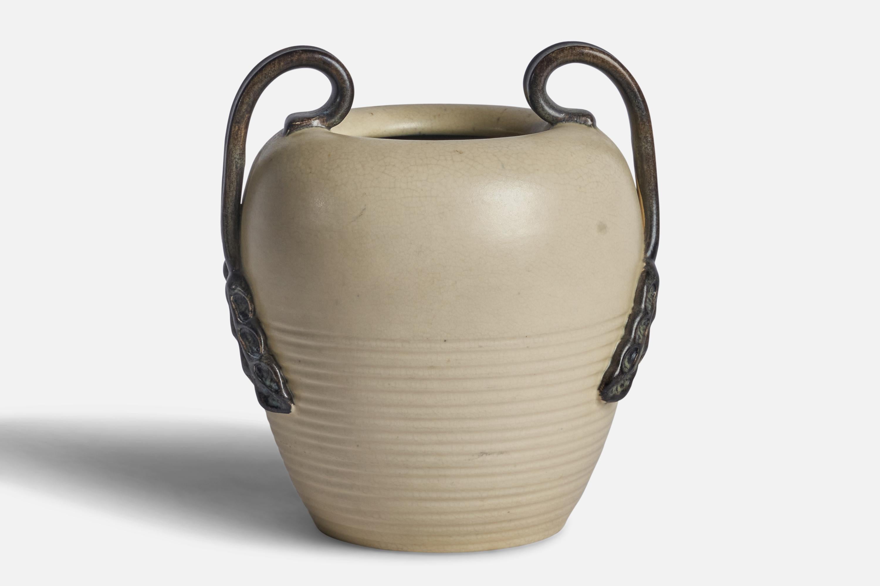 A dark grey and off-white glazed earthenware vase designed by Eva Jancke-Björk and produced by Bo Fajans, Sweden, c. 1940s.