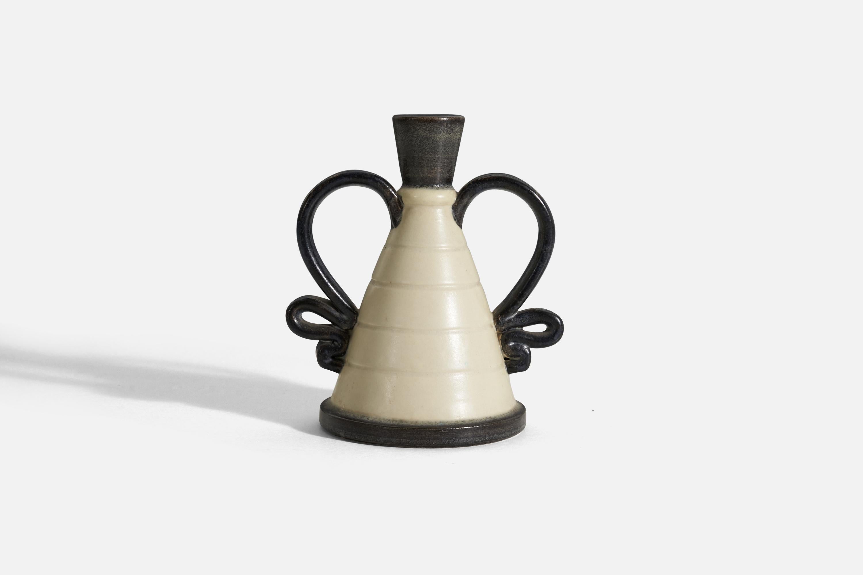 An early modernist, white and black-glazed earthenware vase designed by Eva Jancke Björk, for Bo Fajans, Sweden, 1940s. Stamped.

 