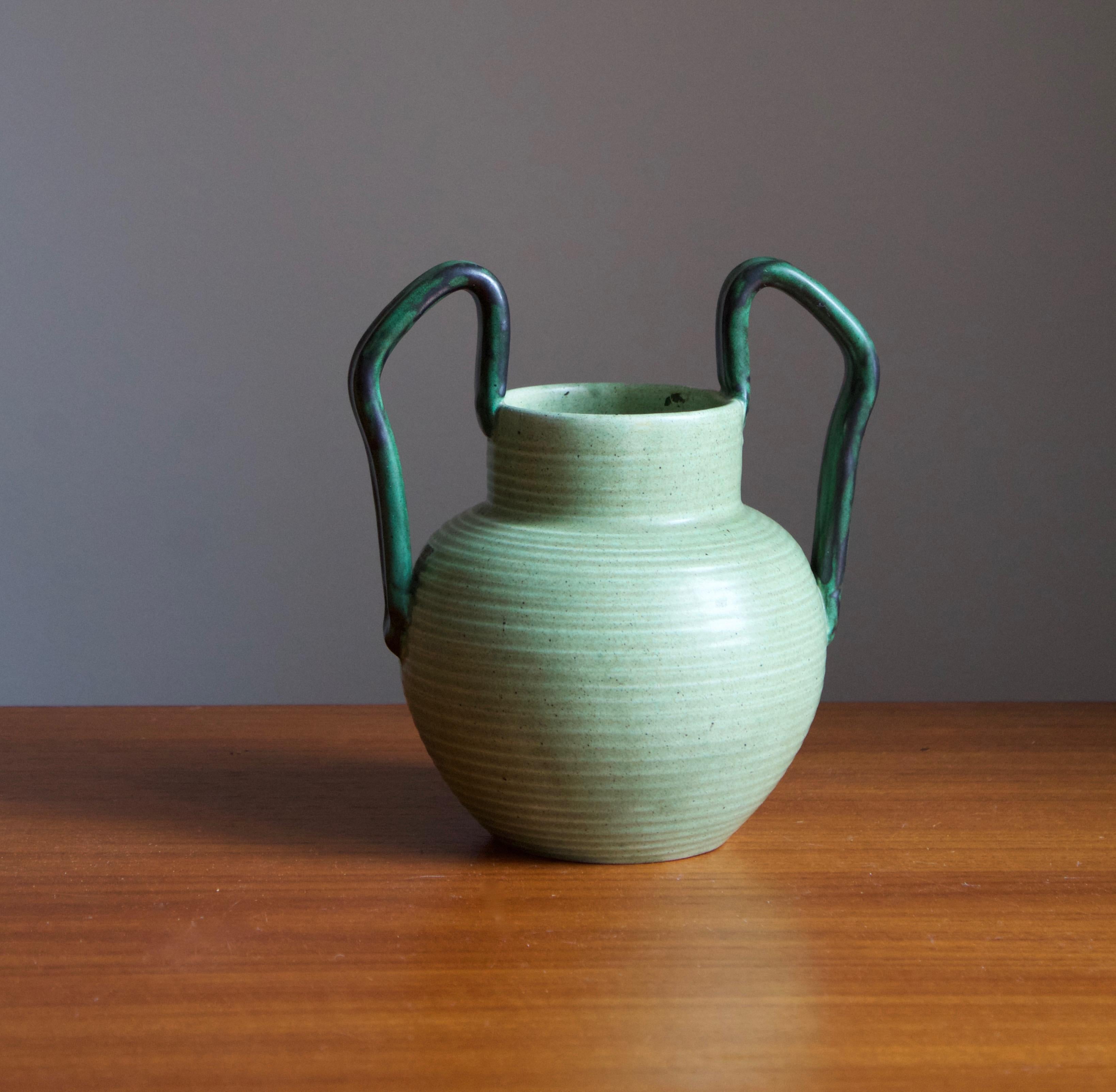 Art Deco Eva Jancke Björk, Vase, Green Glaze Ceramic, for Bo Fajans, Sweden, 1948