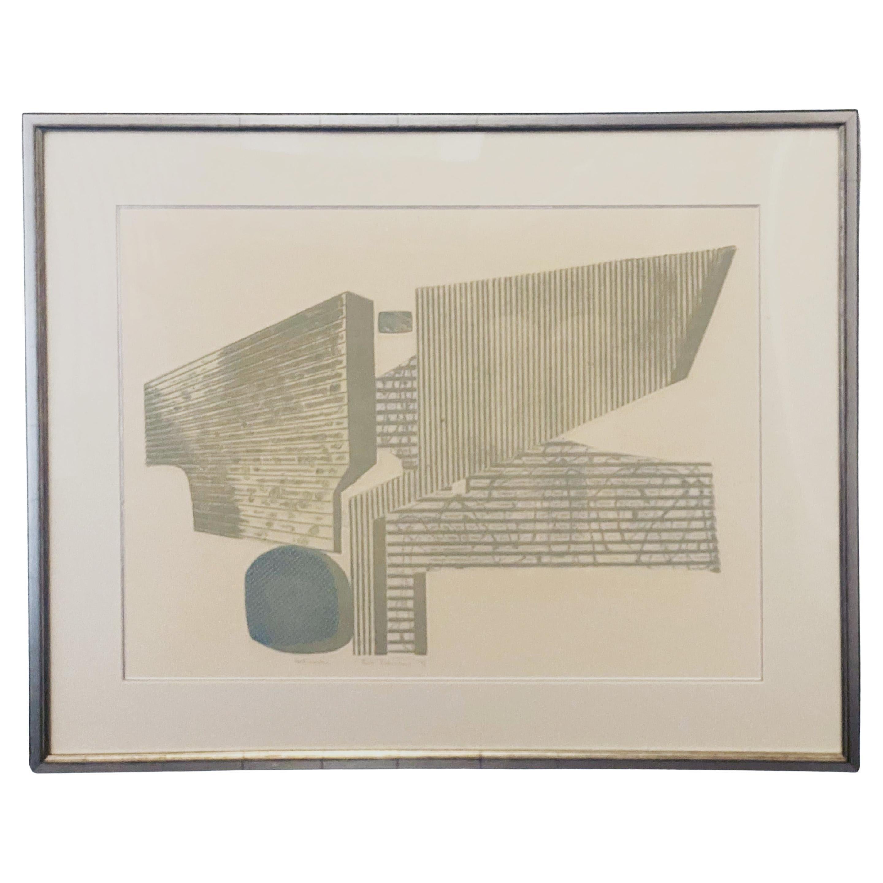 Titulada "Arquitectura", esta obra enmarcada de arte abstracto, firmada por Eva Kolosvary en 1973, evoca un lejano recuerdo de arquitectura brutalista, un fantasma remanente del dominio soviético. Caracterizadas ambas por sus formas monolíticas y