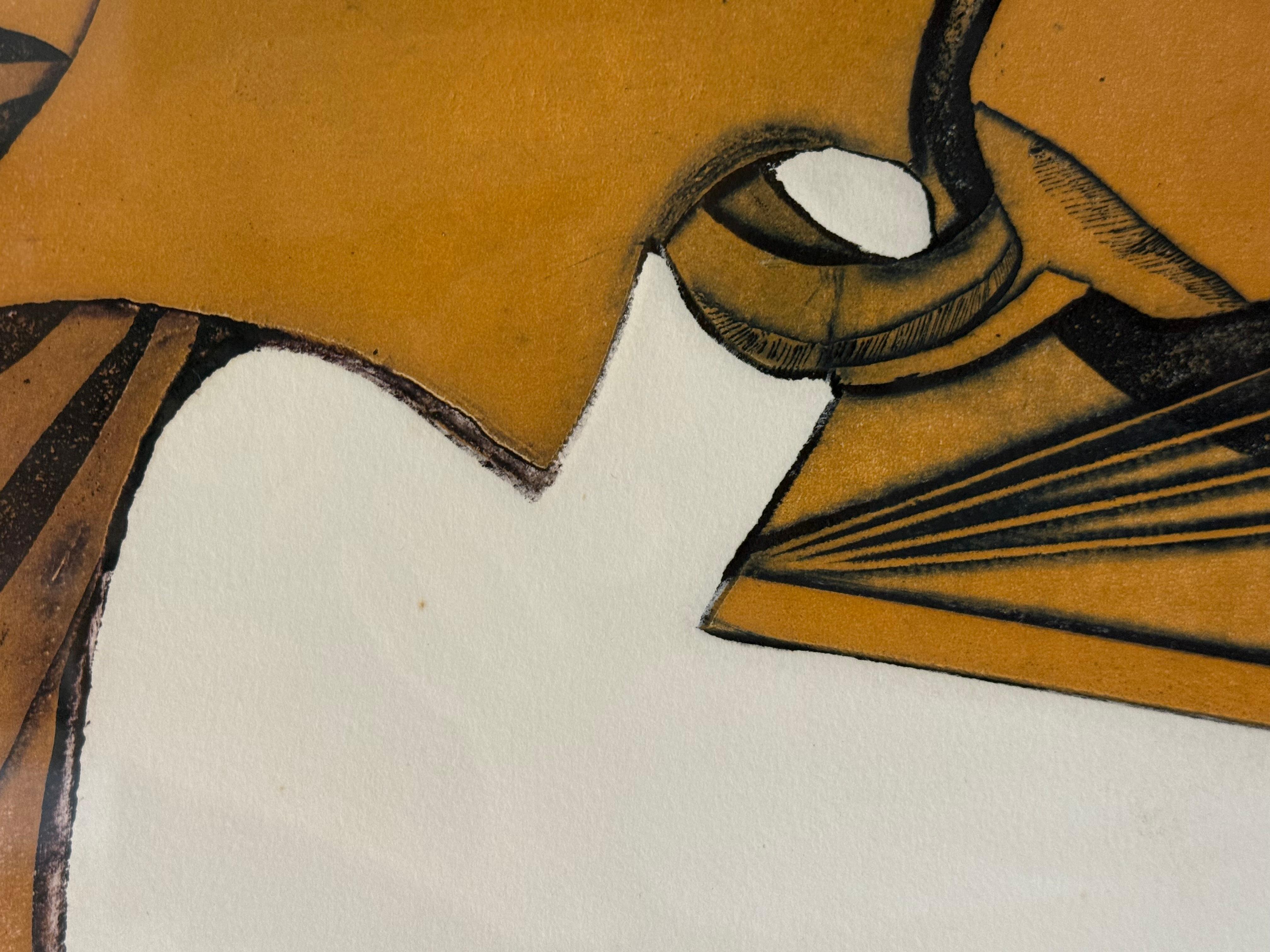 Grand abstrait géométrique rouillé encastré d'Eva Koloswary - Beige Abstract Print par Eva Kolosvary-Stupler