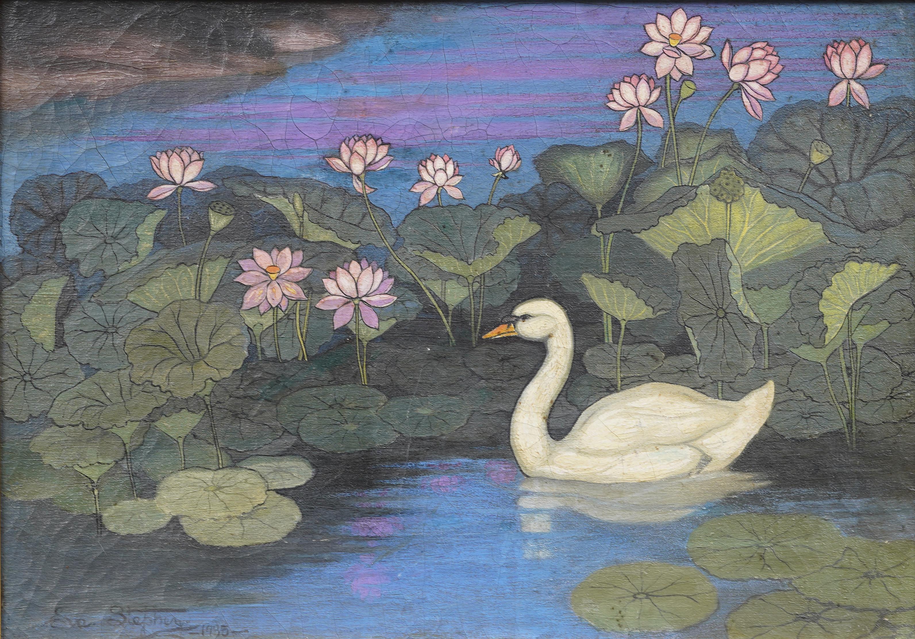 This lyrical 1935 oil painting by rare female American artist Eva L. Stephey captures a solitary white swan gliding through a twilight pond, encircled by blooming pink lotus flowers and lush lily pads. With its stylized flora, rich color palette,