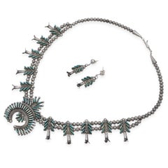 Eva L. Wyaco Zuni Sterling Silver Turquoise Needlepoint Necklace & Earring Set