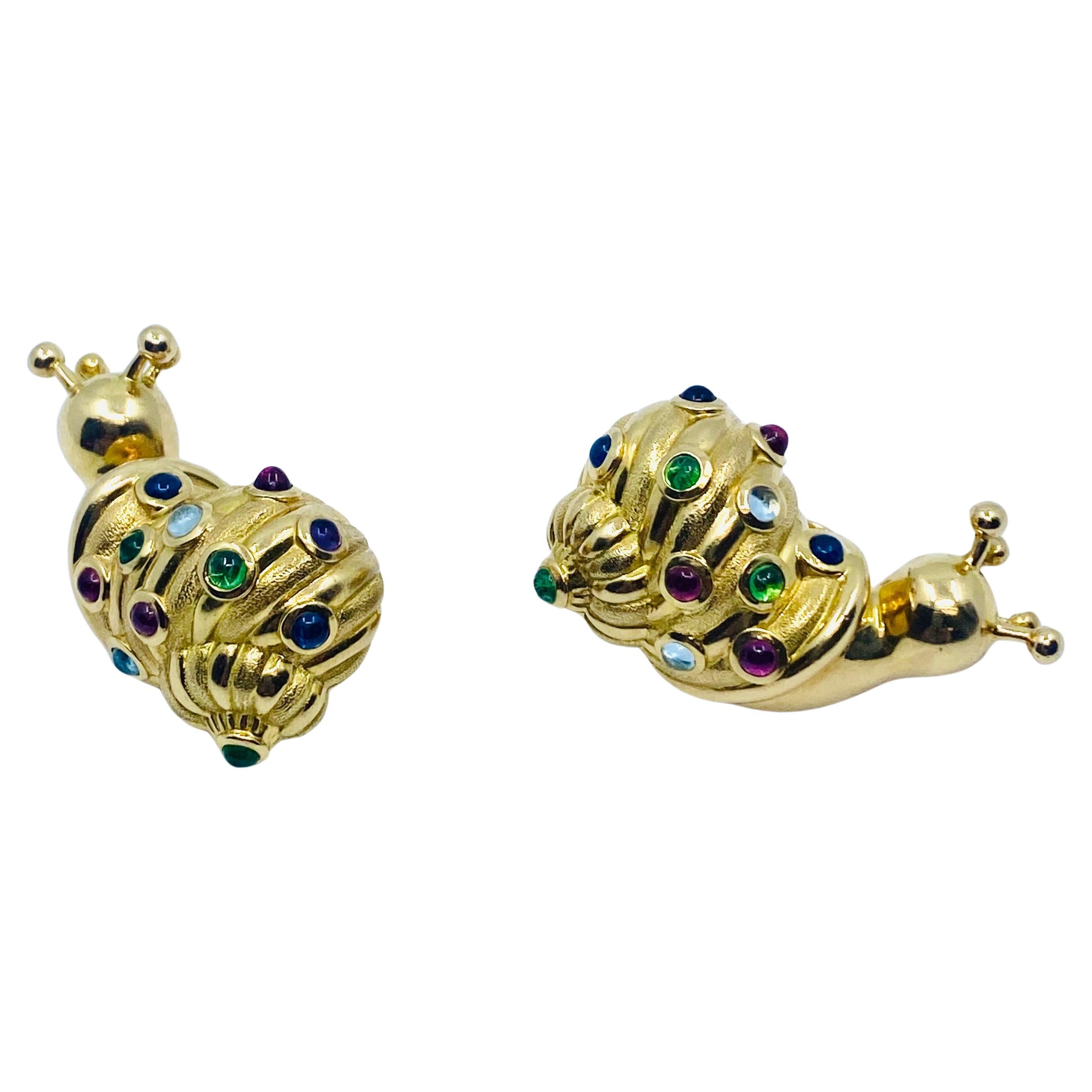 Eva Legoura Snail Earrings 18k Gold Gemstones In Excellent Condition For Sale In Beverly Hills, CA