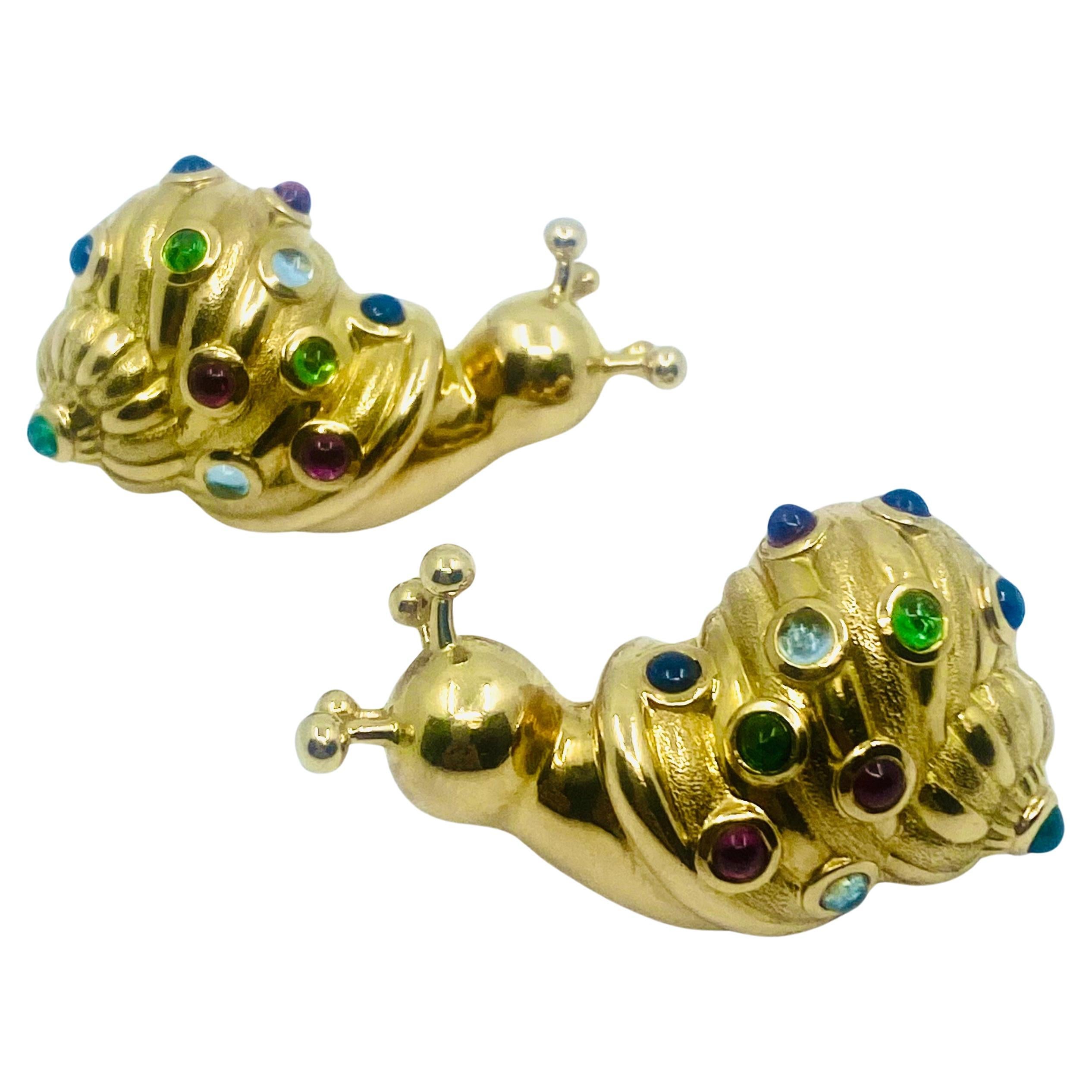 Eva Legoura Snail Earrings 18k Gold Gemstones For Sale 3