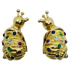 Vintage Eva Legoura Snail Earrings 18k Gold Gemstones