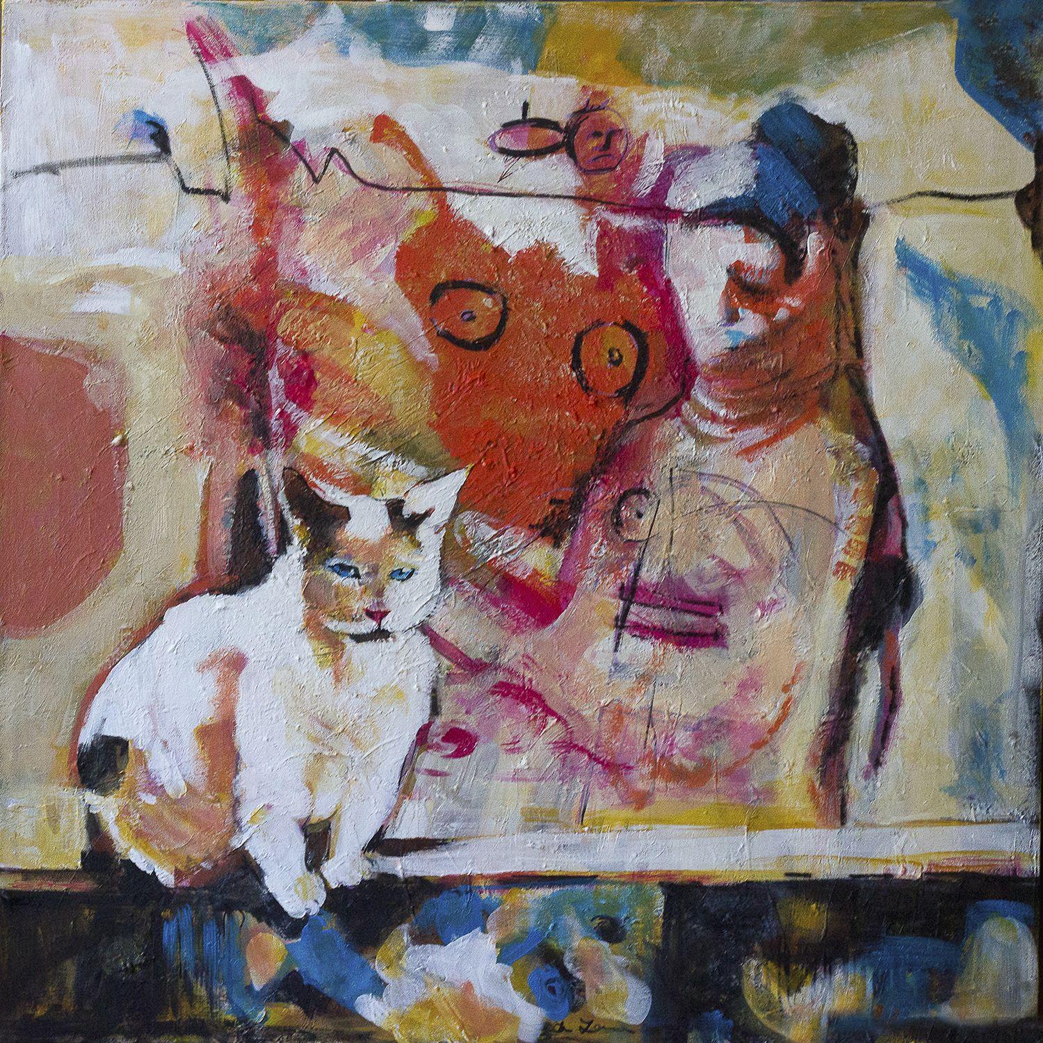 The mythical cat, usually the boss in a home... :: Painting :: Expressionism :: This piece comes with an official certificate of authenticity signed by the artist :: Ready to Hang: Yes :: Signed: No ::  :: Canvas :: Diagonal :: Original :: Framed: No