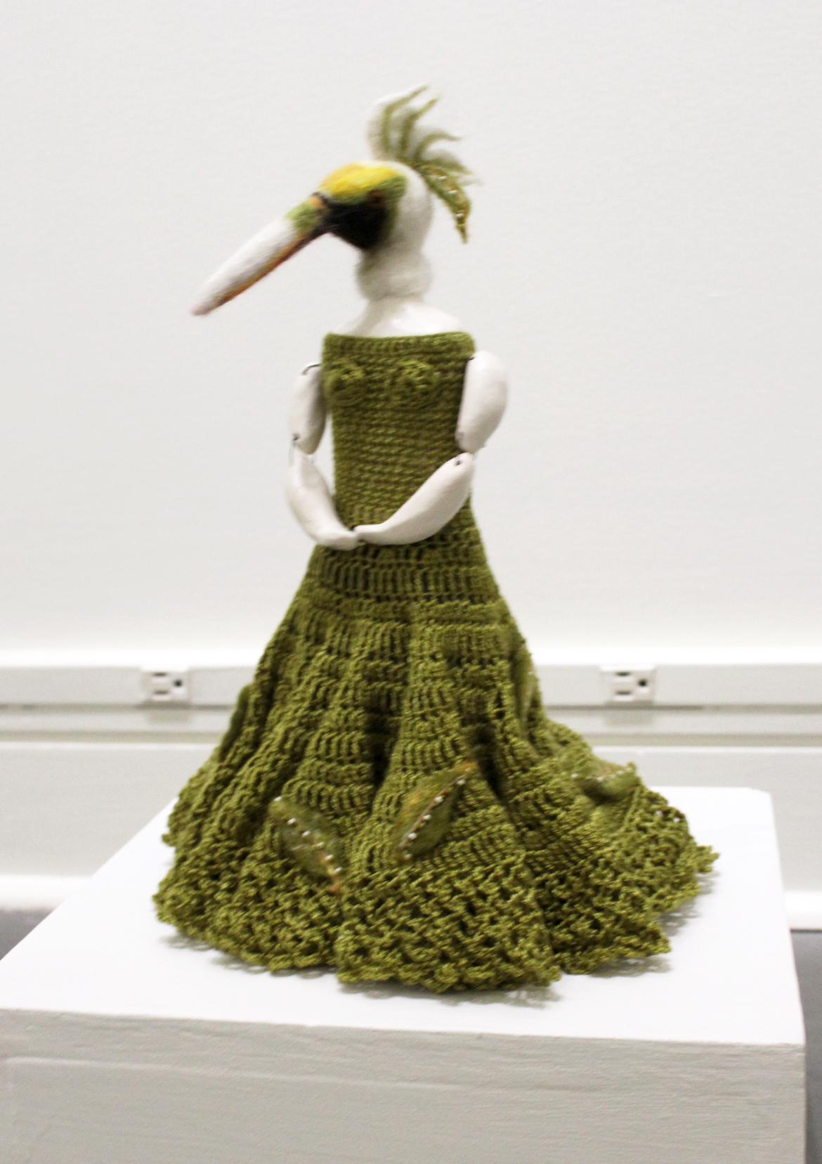 Eva Maier Figurative Sculpture - Standing Bird in Green Dress