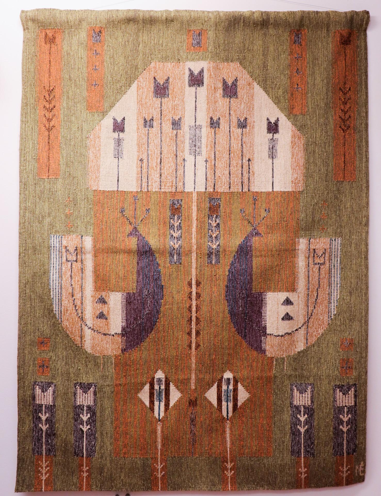 Mid-Century Modern Éva Németh - Green Flatweave carpet with Birds - Hungary around 1970s  For Sale