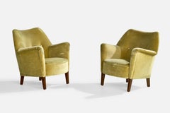 Eva & Niels Koppel, Lounge Chairs, Wood, Velvet, Denmark, 1950s