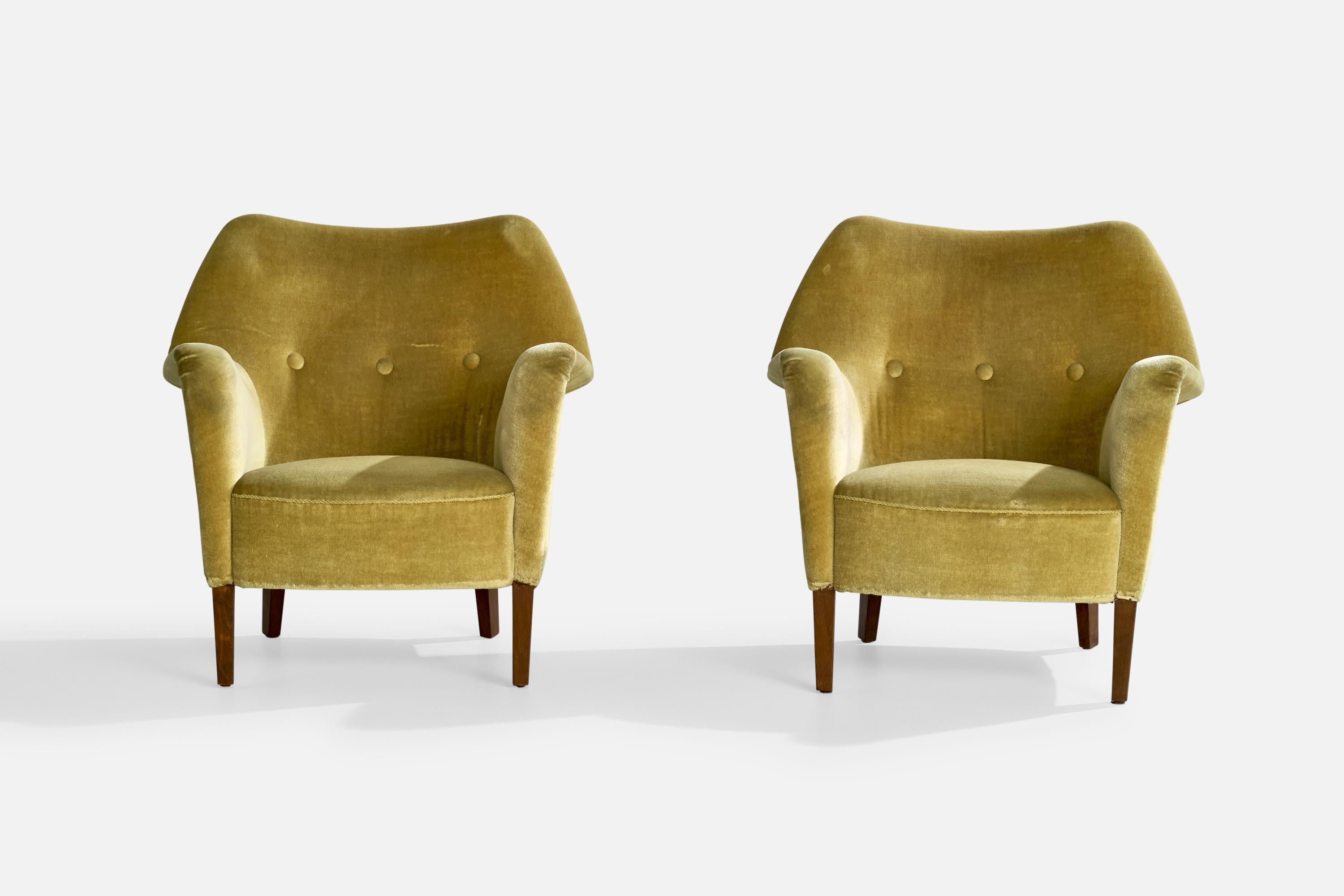 Mid-Century Modern Eva & Niels Koppel, Lounge Chairs, Wood, Velvet, Denmark, 1950s For Sale