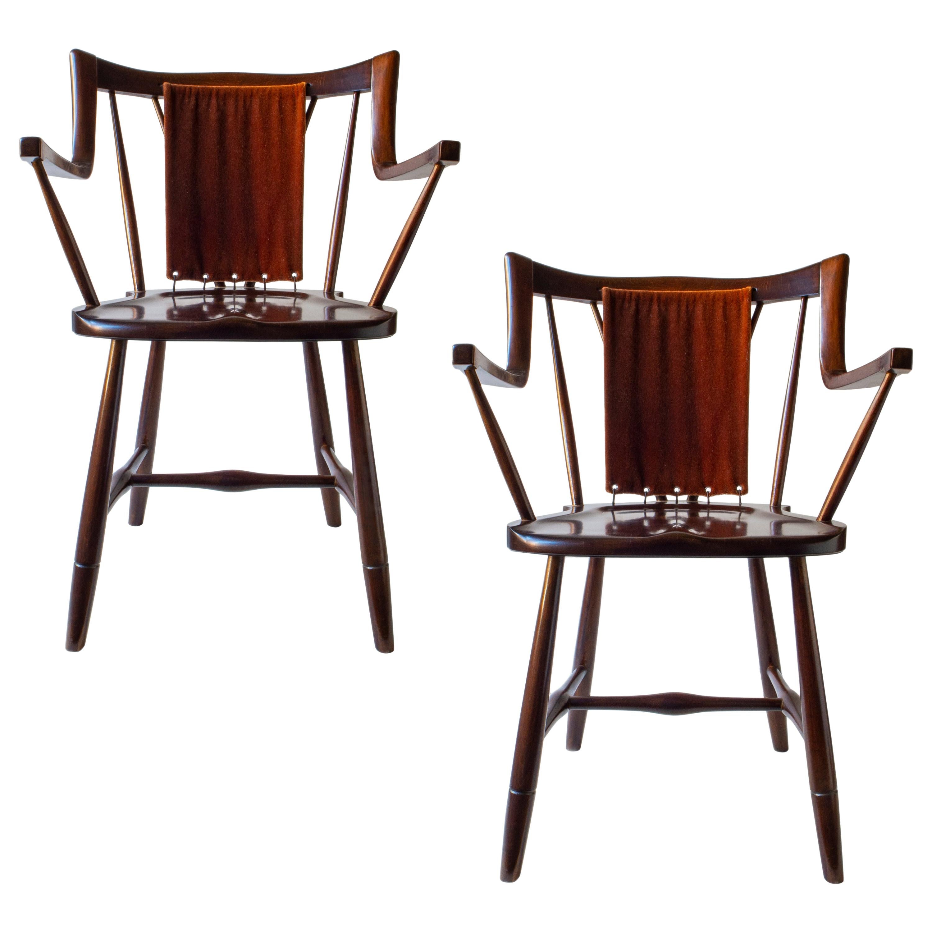 Eva & Nils Koppel, Pair of Danish Modern Stained Beech and Mohair Armchairs