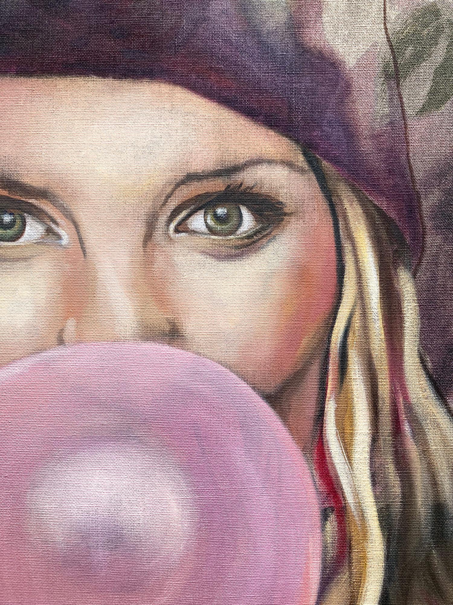 Zeitgenössisches Ölgemälde „Beatrice“ auf Stoff, Mädchen mit Blasen Gummi – Painting von Eva O’Donovan 