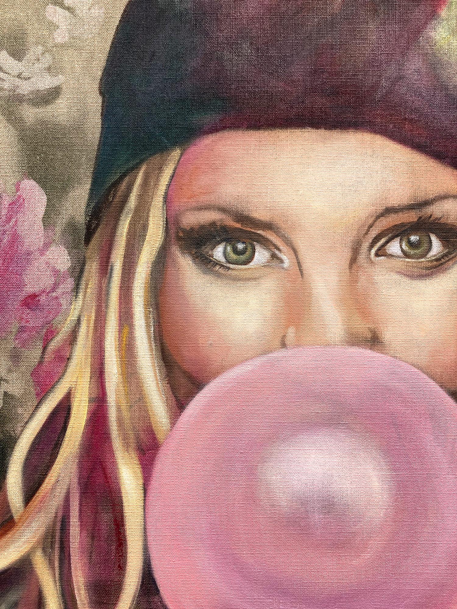 Zeitgenössisches Ölgemälde „Beatrice“ auf Stoff, Mädchen mit Blasen Gummi (Pop-Art), Painting, von Eva O’Donovan 