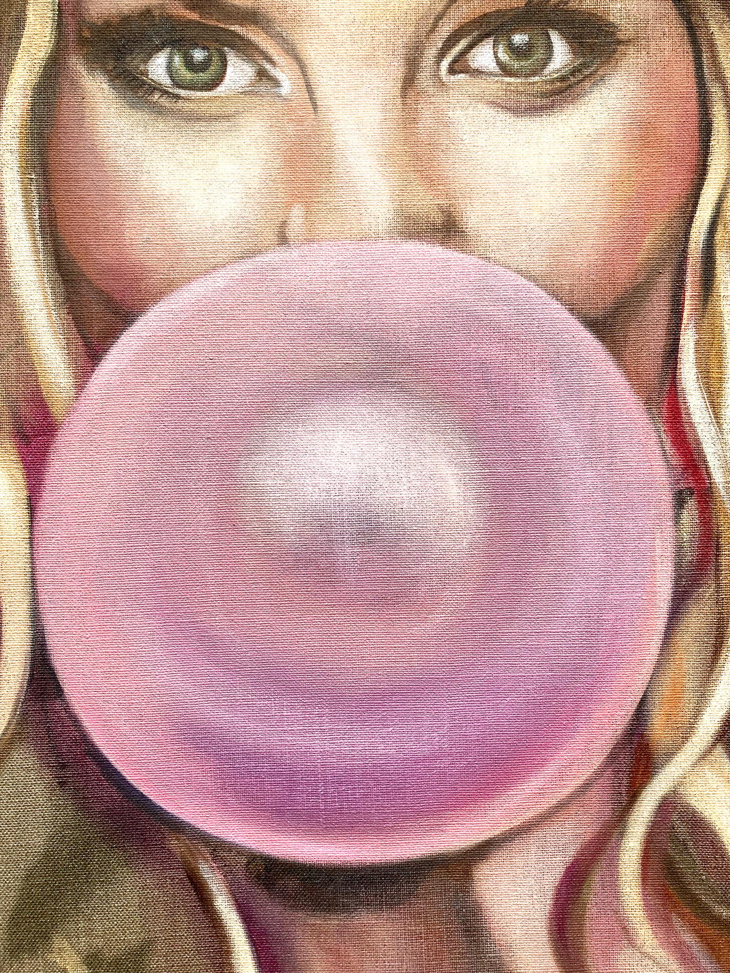 Zeitgenössisches Ölgemälde „Beatrice“ auf Stoff, Mädchen mit Blasen Gummi (Braun), Figurative Painting, von Eva O’Donovan 