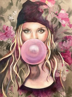 "Beatrice" Contemporary Oil Painting on Fabric of Girl with Bubble Gum