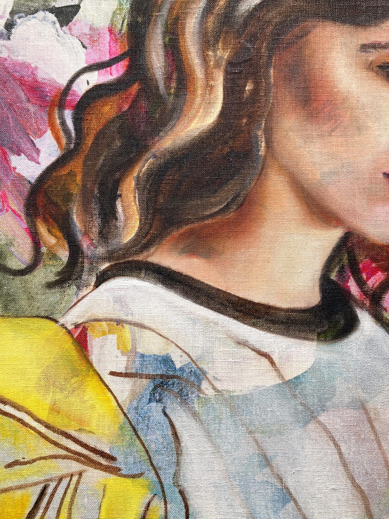 Zeitgenössisches Ölgemälde „Maria“ auf Stoff eines Mädchens in Haute Couture-Mode (Braun), Abstract Painting, von Eva O’Donovan 