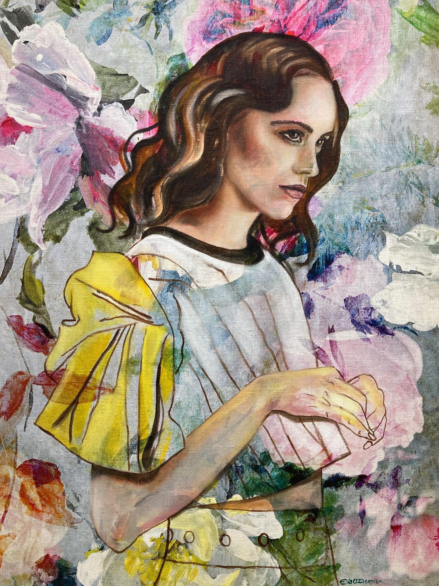 Eva O’Donovan  Abstract Painting – Zeitgenössisches Ölgemälde „Maria“ auf Stoff eines Mädchens in Haute Couture-Mode