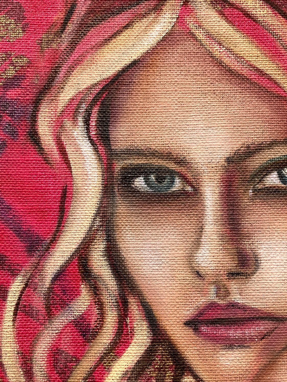 Esta pieza representa a una modelo de alta costura. Realizada con bellos colores expresivos y un diseño distintivo, esta pieza rebosa energía y una belleza romántica. Pintado al óleo sobre tela DG única, el artista ha creado una maravillosa