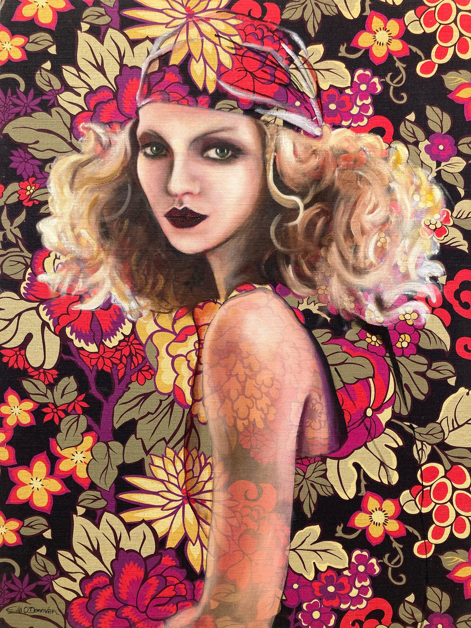 Eva O’Donovan  Abstract Painting – Zeitgenössisches Ölgemälde „Stephanie“ auf Stoff eines Mädchens in Haute Couture Bandana