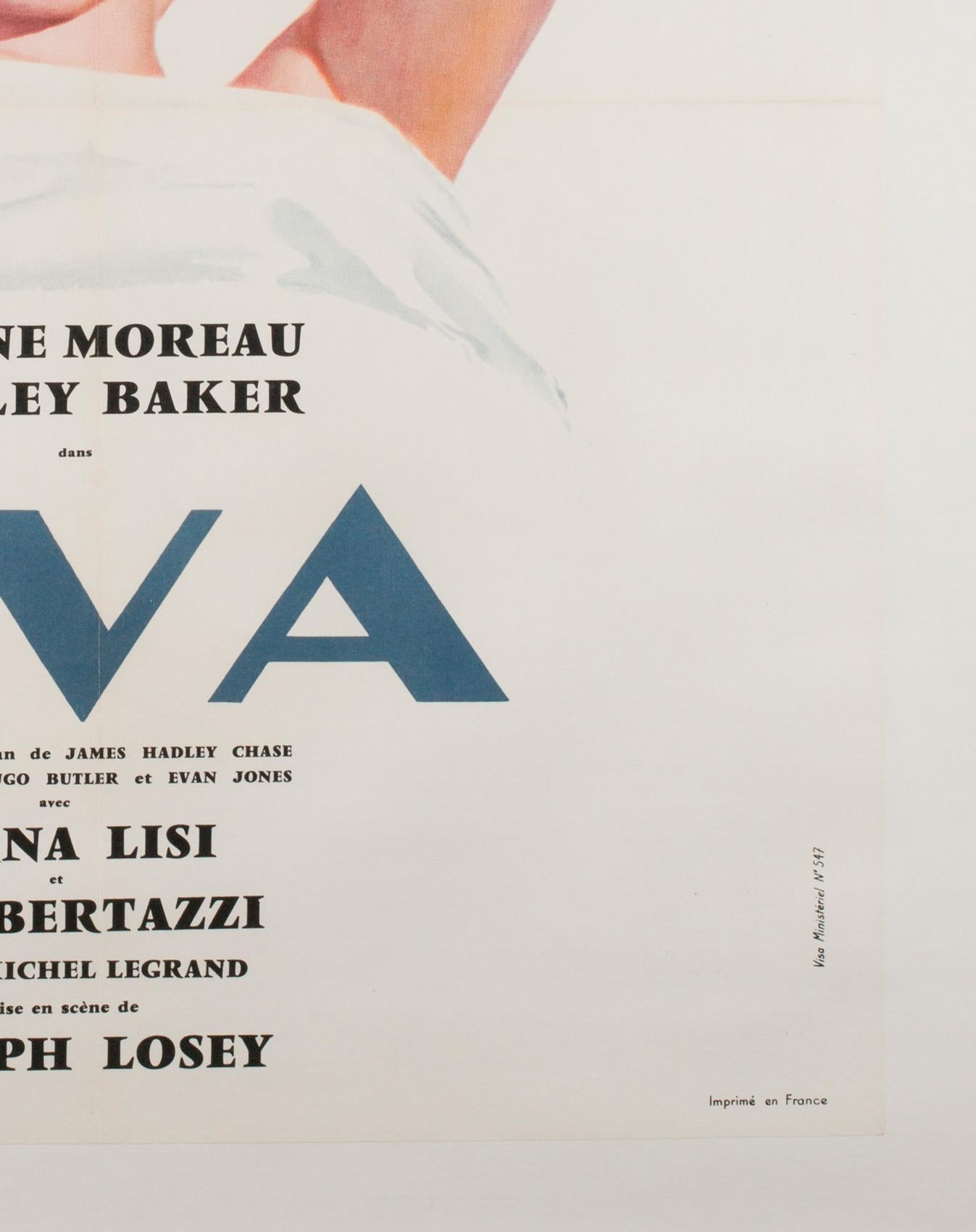 Das auffällige französische Vintage-Filmplakat für Eva aus den 1960er-Jahren im Originalzustand.

Original-Filmplakat - Größe: 23 1/2 x 31 Zoll (27 x 35 Zoll einschließlich der Leinenrückwand).

Nahezu neuwertiger/ neuwertiger Zustand.