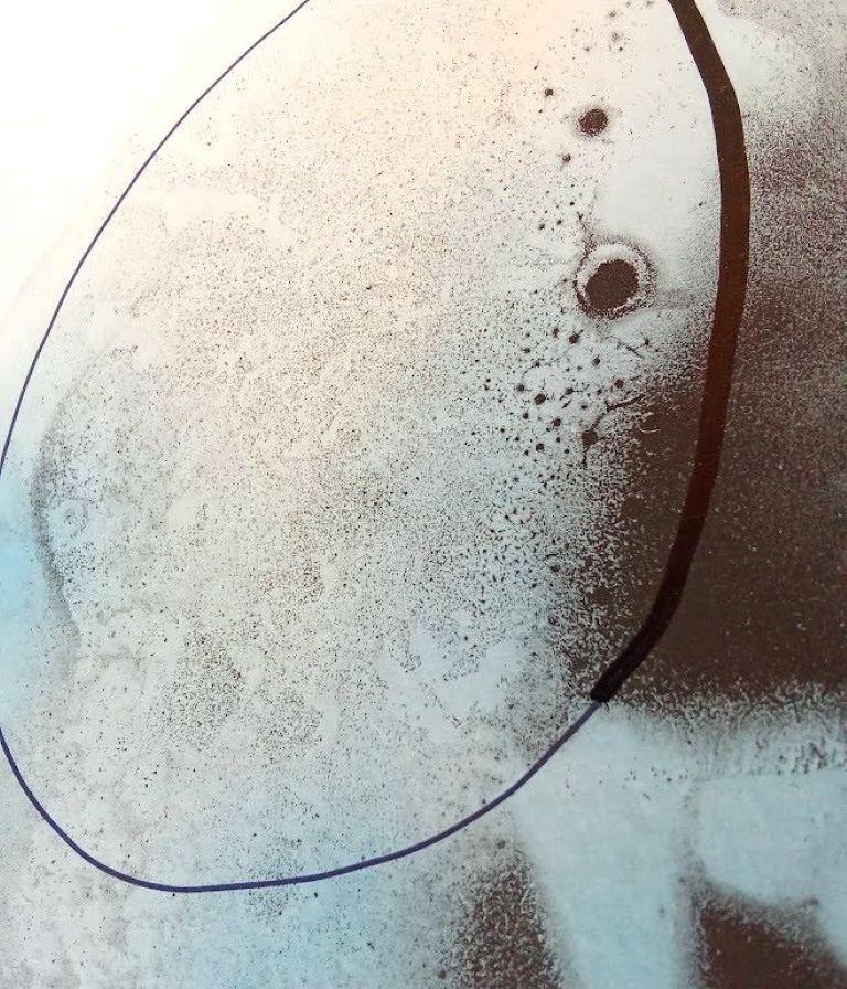 The artwork presents an enigmatic and ethereal composition, characterized by a ghostly, blue-toned visage emerging from a foggy backdrop. Central to the piece is a shadowy silhouette, suggestive of a human face rendered in soft focus, lending an air