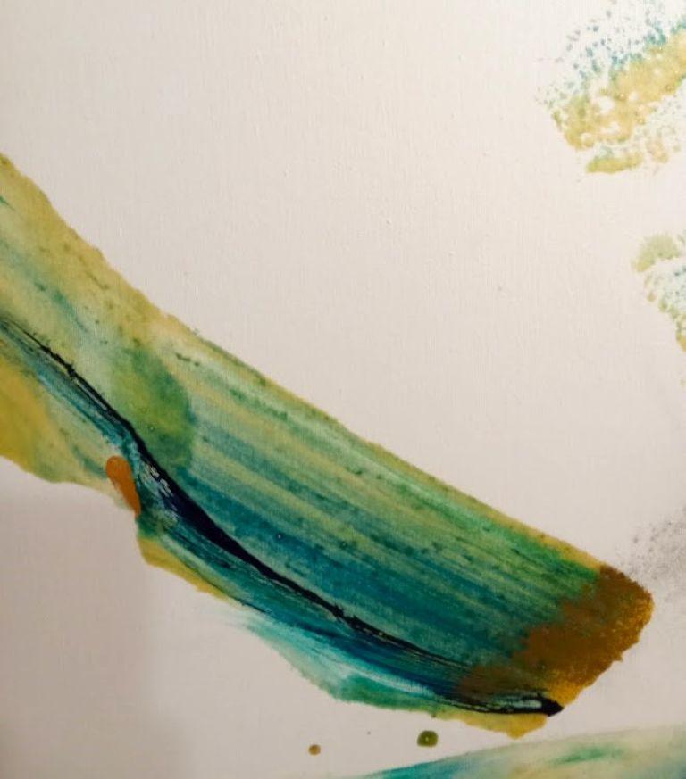 This artwork boldly captures fluid motion through an abstract composition of sweeping brushstrokes and subtle color transitions. Dominated by cool tones of blue and green, the piece exudes a sense of tranquility, evoking natural elements such as