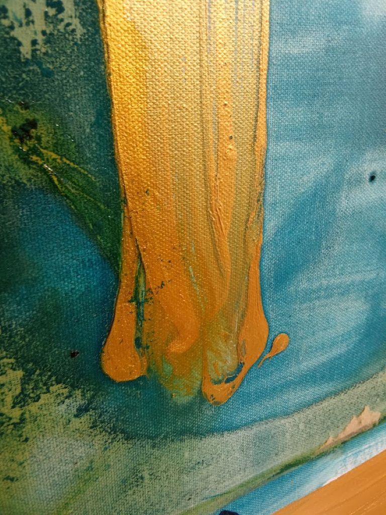 This abstract artwork features an intriguing interplay of color and form. Dominated by a central burst of deep teal, the composition conveys movement and depth through fluid brushstrokes and textured layers. A sweeping arc of sandy beige encircles