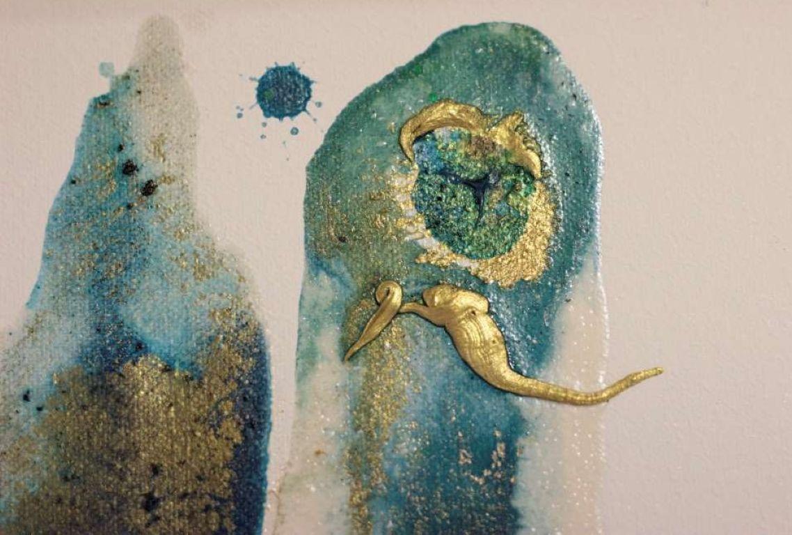 This artwork is a striking vertical composition, dominated by elongated, flowing strokes of blue and teal hues. The artist employs fluid, organic lines that cascade down the canvas, evoking a sense of movement and depth. Accents of gold punctuate