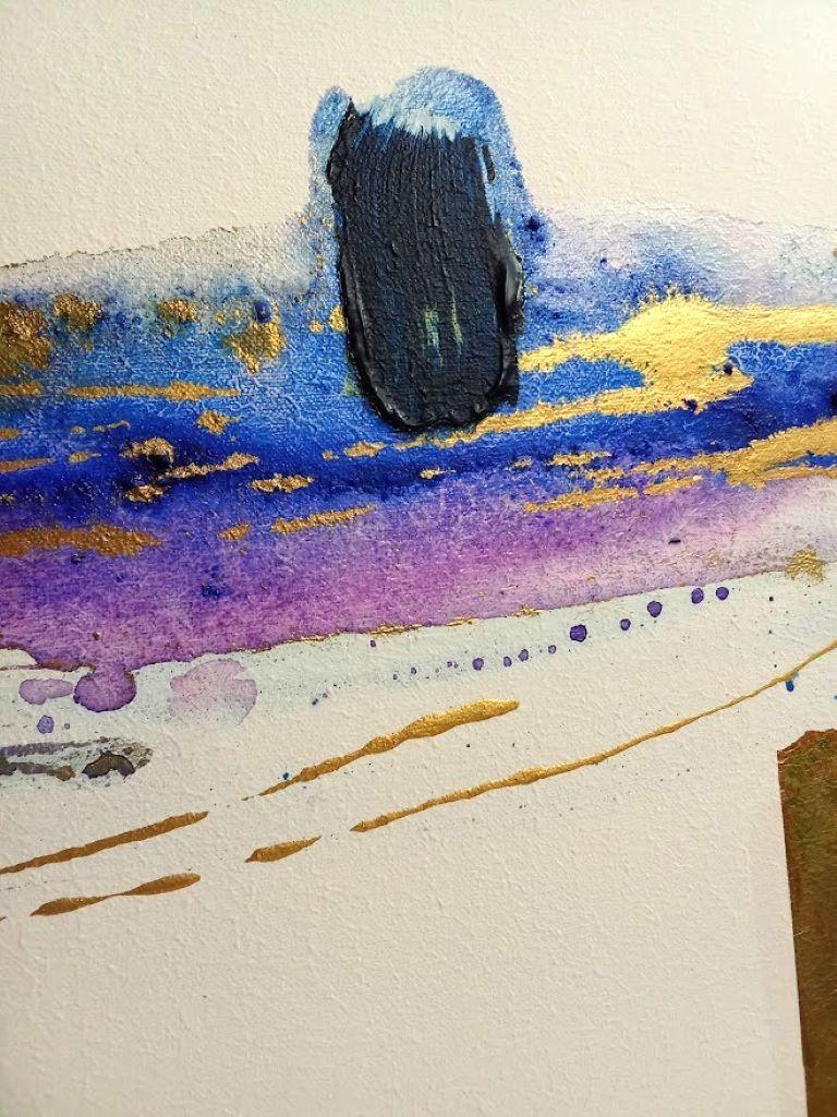 This abstract artwork features a striking horizontal composition, predominantly showcasing an expressive swirl of color. At the center, a vivid blend of blues, purples, and golds is artfully smeared across the canvas, evoking a sense of movement and