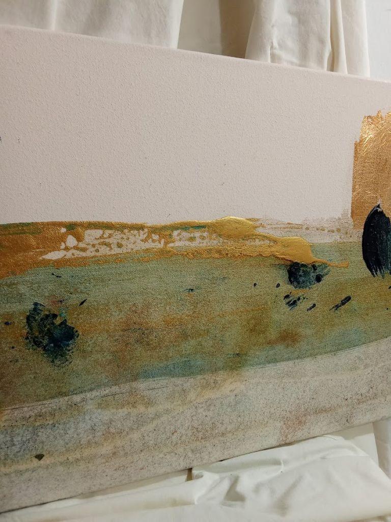 This artwork is a captivating abstract landscape that skillfully blends soft earth tones with striking vertical elements. A harmonious horizon of muted ochres and browns stretches across the canvas, evoking a serene landscape bathed in gentle light.