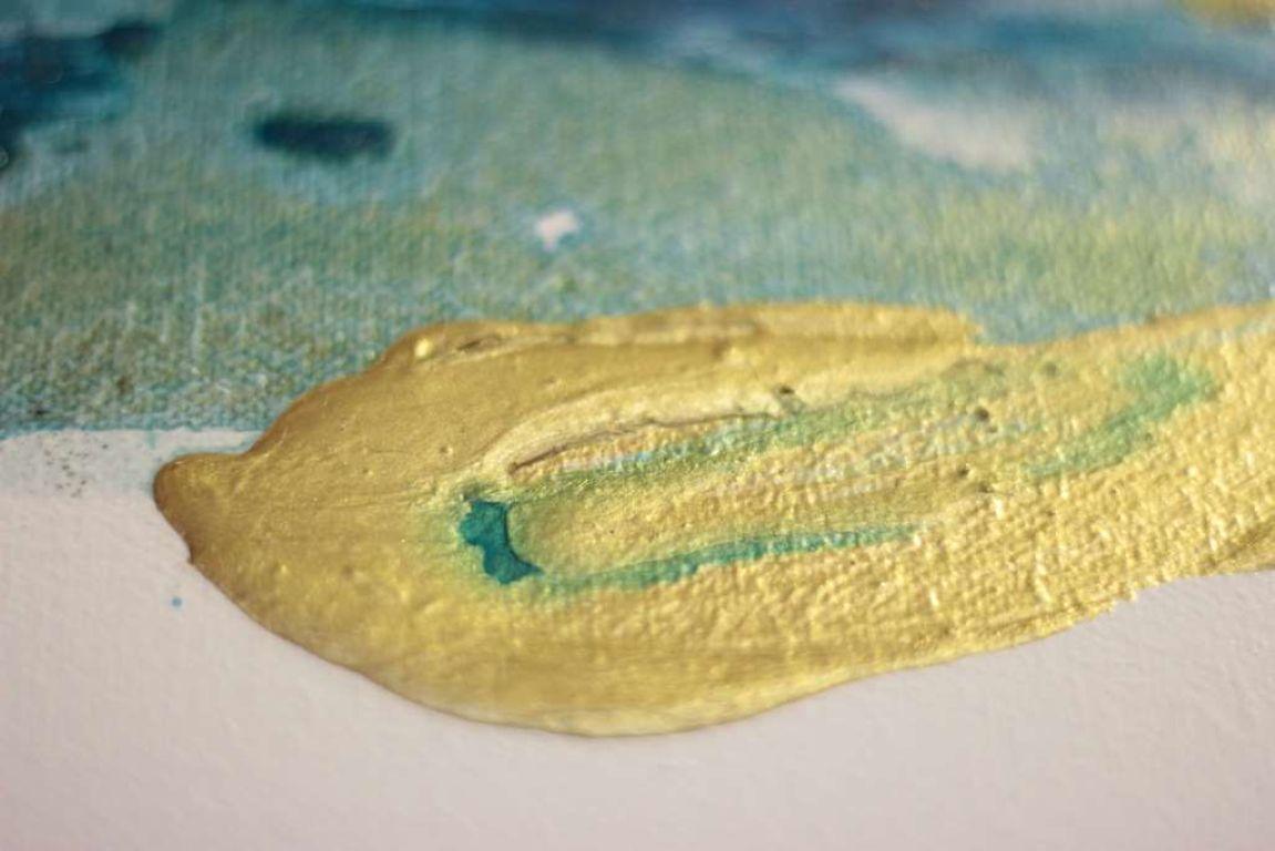 This artwork presents a compelling blend of abstract expression and serene imagery. A swath of rich blue and teal hues sweeps across the canvas, suggestive of a tranquil seascape. Bold strokes of color create a dynamic movement, while soft blending