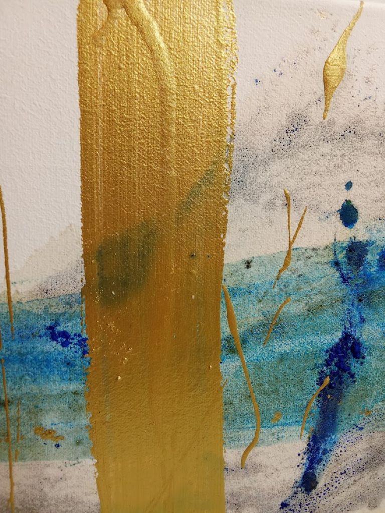 This artwork presents a striking fusion of color and texture, characterized by a bold vertical gold stripe contrasting against dynamic blue and turquoise brushstrokes. The horizontal splash of vibrant hues dances across the canvas, capturing