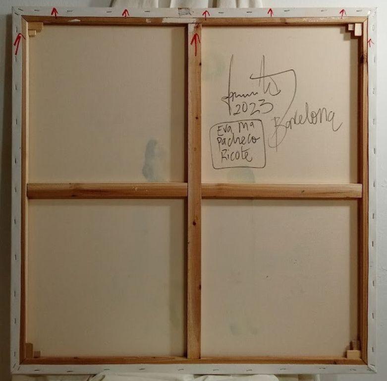 This artwork is a striking example of contemporary abstract art, featuring a bold composition centered on a deep blue square. The square is framed within a soft, textured application of pale, bluish-green hues that seem to diffuse across the canvas,