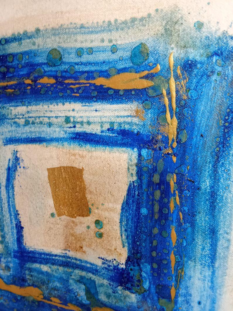 This artwork presents a harmonious fusion of texture and color, centered around a striking blue square that emerges dynamically from a textured, neutral background. The layers of blue, varying in intensity, create a sense of depth, drawing the