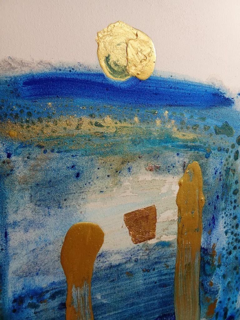 This striking artwork commands attention with its interplay of rich blues and metallic golds. The canvas presents a dynamic composition featuring a central square, layered with various textures and hues of blue, evoking the fluidity of ocean waves