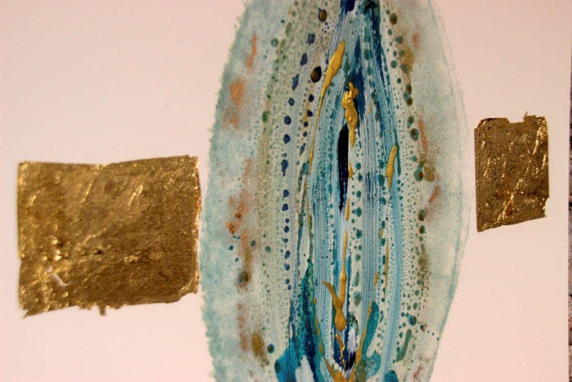 This striking artwork features an abstract composition centered around an elongated oval shape, artistically merging blue and green hues. Radiating from its core, intricate patterns and textures evoke a sense of depth and motion, capturing the