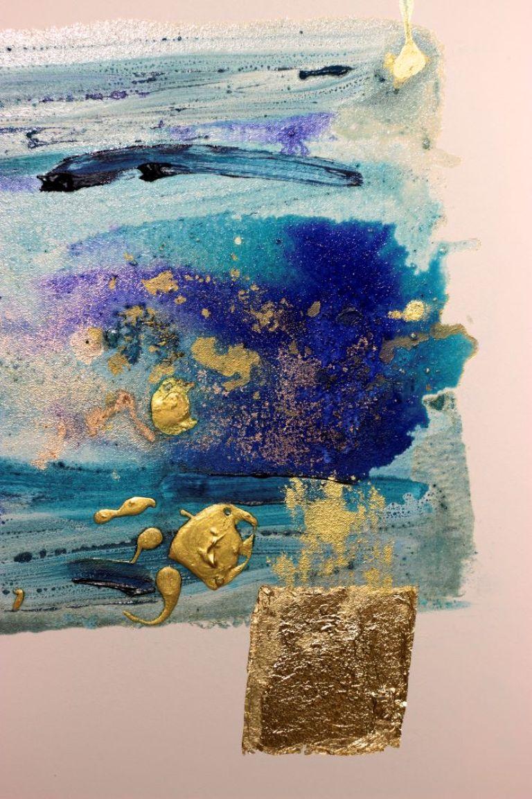 This mesmerizing artwork features an intricate interplay of blue and turquoise hues, creating a serene aquatic essence. A striking patch of deep indigo commands attention at the center, surrounded by fluid brushstrokes that evoke waves or celestial